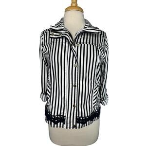 CHICOS Blue White Stripe Sateen Cotton Crochet Jacket Size Small (0) Gold Button